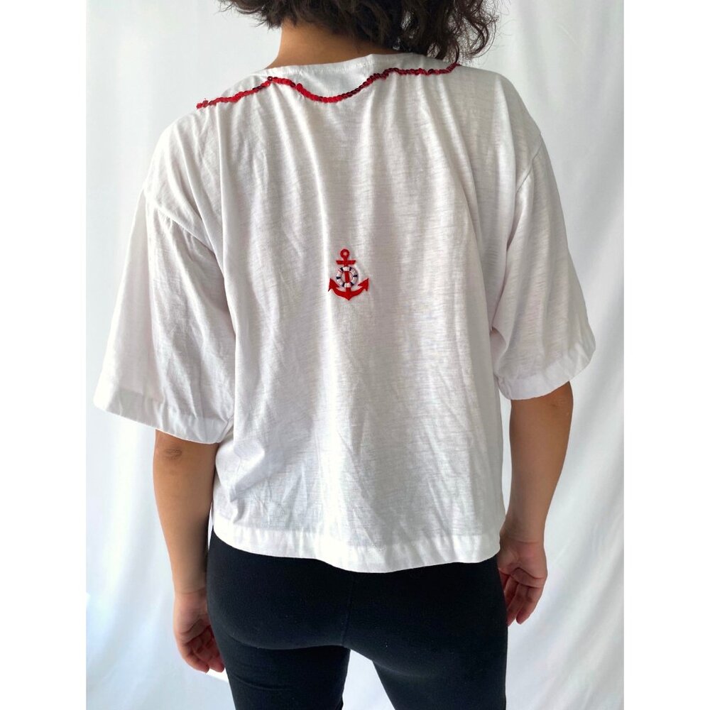 90s vintage novelty nautical sailing sequins cropped cotton tee shirt crop top - Picture 7 of 9